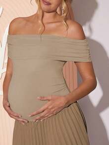Loomaby 优雅简约露肩褶边孕妇装，夏季 - 卡其色 - 查看 5