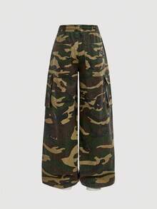 SHEIN Girlism Tween 女童 Y2K 美式学院风休闲迷彩树棕色印花宽松高腰阔腿牛仔裤，蝴蝶结抽绳腰部蝴蝶结，女童秋冬装街头服饰，返校返校服装，圣诞服装万圣节服装，猎豹裤，豹纹裤，豹纹裤，宽松裤 - 軍綠色 - 查看 2