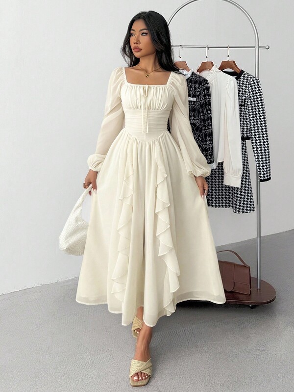 Teen Girls Casual Elegant Simple Exquisite Commuting Daily New Year Square Neck Pleated Lantern Sleeves Long Sleeves Ruffled White Midi Dress Suitable For Girls, Tea Party Dress, Suitable For Christmas, Birthday Party, French Elegant Dress,Apricot Color Ruffled Lantern Sleeve Dress,Fall Wedding Guest Dress,Renaissance Dress,Homecoming Dresses,White Graduation Dress