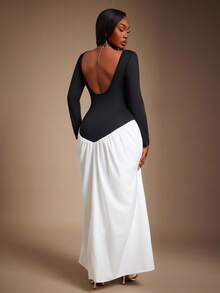 SHEIN SXY Abito lungo da donna elegante, minimalista e sexy, in stile vintage con contrasto bianco e nero, scollo a V profondo, spalline sottili, schiena scoperta, adatto per uscite casual, appuntamenti, feste in giardino, raduni, compleanni, feste, damigelle, cocktail, vacanze, festività - Bianco e nero - Visualizzare 8