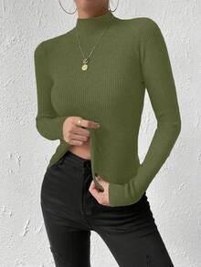 SHEIN Jersey de cuello alto de unicolor informal, otoño/invierno - Verde - Ver 7