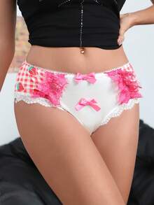 1pc Girls' Sweet Lace Patchwork Bow Strawberry Plaid Series Panty - Multicolor - View 7