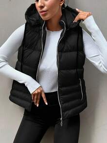 RueChic Zip Up Hooded Puffer Vest Coat - Black - View 6