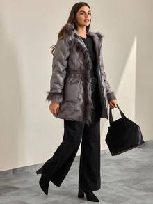 CLARA VERO Women's Padded Coat With Faux Fur Hood – Warm Winter Quilted Jacket - Dark Grey - View 6