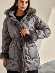 CLARA VERO Women's Padded Coat With Faux Fur Hood – Warm Winter Quilted Jacket - Dark Grey - View 4