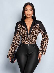 SOLERSUN 秋冬女装，休闲日常，优雅通勤，黑色/棕色搭配黑色渐变豹纹，深V领，收肩，灯笼袖，长袖，高腰，后背褶皱，衬衫式上衣 - 棕色 - 查看 4