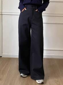 DAZY 纯色保暖宽松喇叭裤，女士休闲街头风，秋冬保暖款 - 藏蓝色 - 查看 4