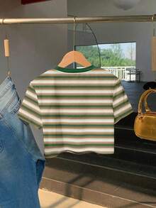 Resyla Women's Casual Striped Short Sleeve Cropped T-Shirt, Summer - Multicolor - View 2