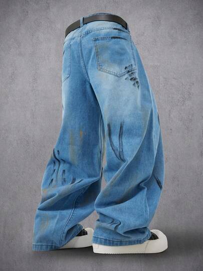 Manfinity Denimwave Men's Blue Casual Loose Fit Jeans With Belt Loops