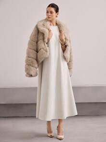 Heiryn 女士纯色圆领短袖休闲宽松中长连衣裙 米色连衣裙 - 卡其色 - 查看 3