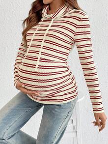 SHEIN 秋季/冬季孕妇条纹长袖抽绳连帽哺乳T恤 - 杏色 - 查看 6