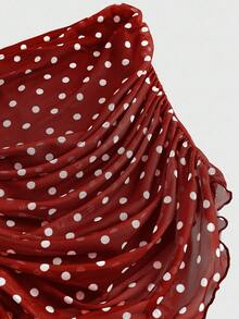 ROMWE J-Fashion 女士休闲波尔卡圆点褶皱修身抹胸（配围巾） - 酒紅色 - 查看 3