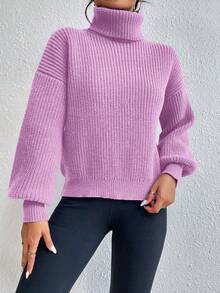 Celisse Sweater Pullover Kasual Longgar Lengan Panjang Kerah Tinggi Bahu Jatuh Warna Polos untuk Wanita, Musim Gugur/Dingin - Lilac Purple - View 4