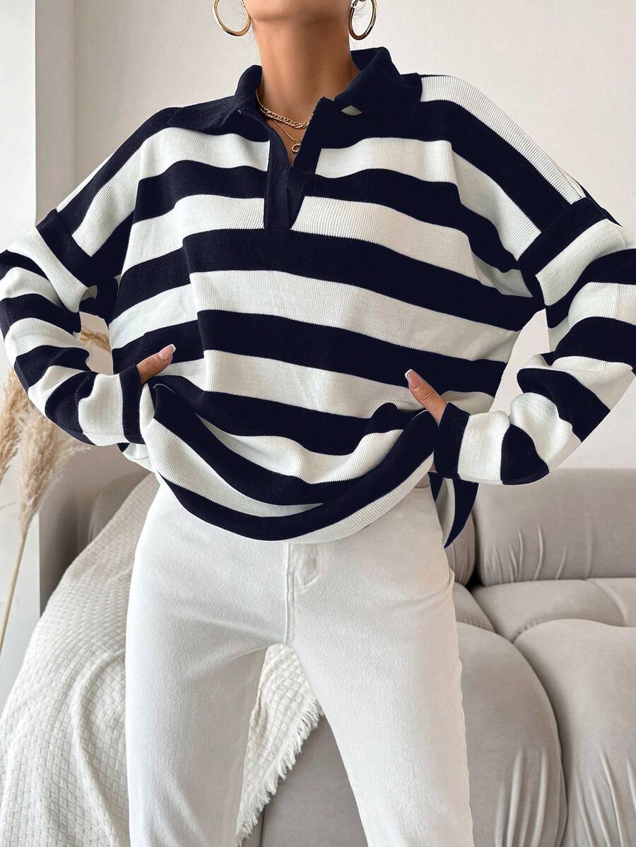 EURMUSE Plus Size Striped Pattern Drop Shoulder Polo Neck Drop Shoulder Sweater - Navy Blue - View 1