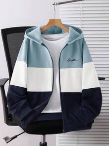 SHEIN Teen Boy Casual Loose Comfortable Versatile Colorblock Patchwork Sweatshirt Jacket, Suitable For Outings - Baby Blue - View 1