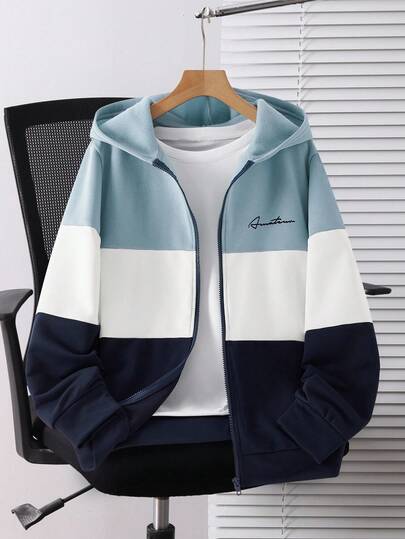 SHEIN 青少年男童休闲宽松舒适百搭撞色拼接卫衣外套，适合外出穿着