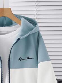 SHEIN Teen Boy Casual Loose Comfortable Versatile Colorblock Patchwork Sweatshirt Jacket, Suitable For Outings - Baby Blue - View 3