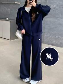 SHEIN 少女骑士印花长袖拉链领运动衫和裤子休闲套装，秋冬 - 深灰色 - 查看 1