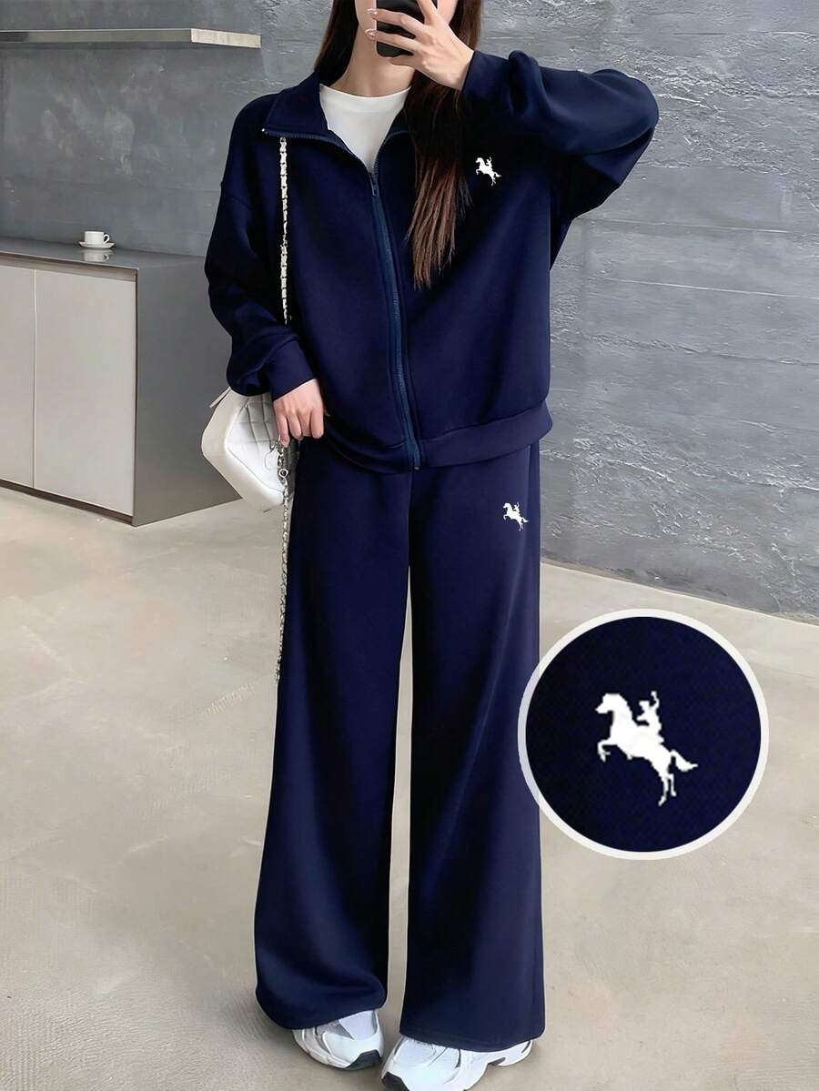 SHEIN 少女骑士印花长袖拉链领运动衫和裤子休闲套装，秋冬 - 深灰色 - 查看 1