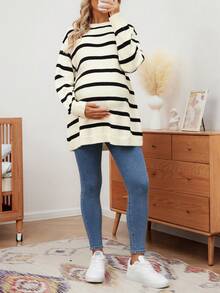 SHEIN 孕妇宽松 A 字形条纹撞色设计长袖针织套头衫，秋冬 - 黑與白 - 查看 4