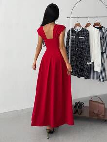 Teen Girls Casual Elegant Simple Exquisite Commuting Daily New Year Square Neck Pleated A-Line Red Midi Dress Suitable For Girls, Tea Party Dresses, Red Graduation Dresses,  Square Neck Dress, Red Dress, Cap Sleeve Dress, Pleated Dress