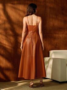 Anewsta 可调节罩杯 V 领细肩带拼接时尚优雅百搭女式长裙 - 橘色 - 查看 2