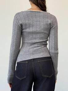 Aloruh Suéter de punto de manga larga gris sólido con ribete de contraste, minimalista, de otoño/invierno, informal - Gris - Ver 2