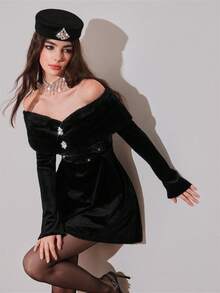 NOVVYNE Women's Elegant Ruched Off Shoulder Long Sleeve Rhinestone Floral Decor Short Dress