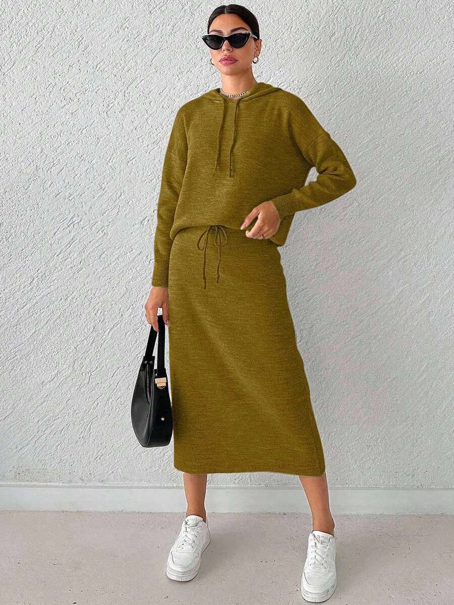 SHEIN Cottnline Women's Solid Color Hooded Drop Shoulder Sweater And Skirt Set With Drawstring - Khaki - View 1
