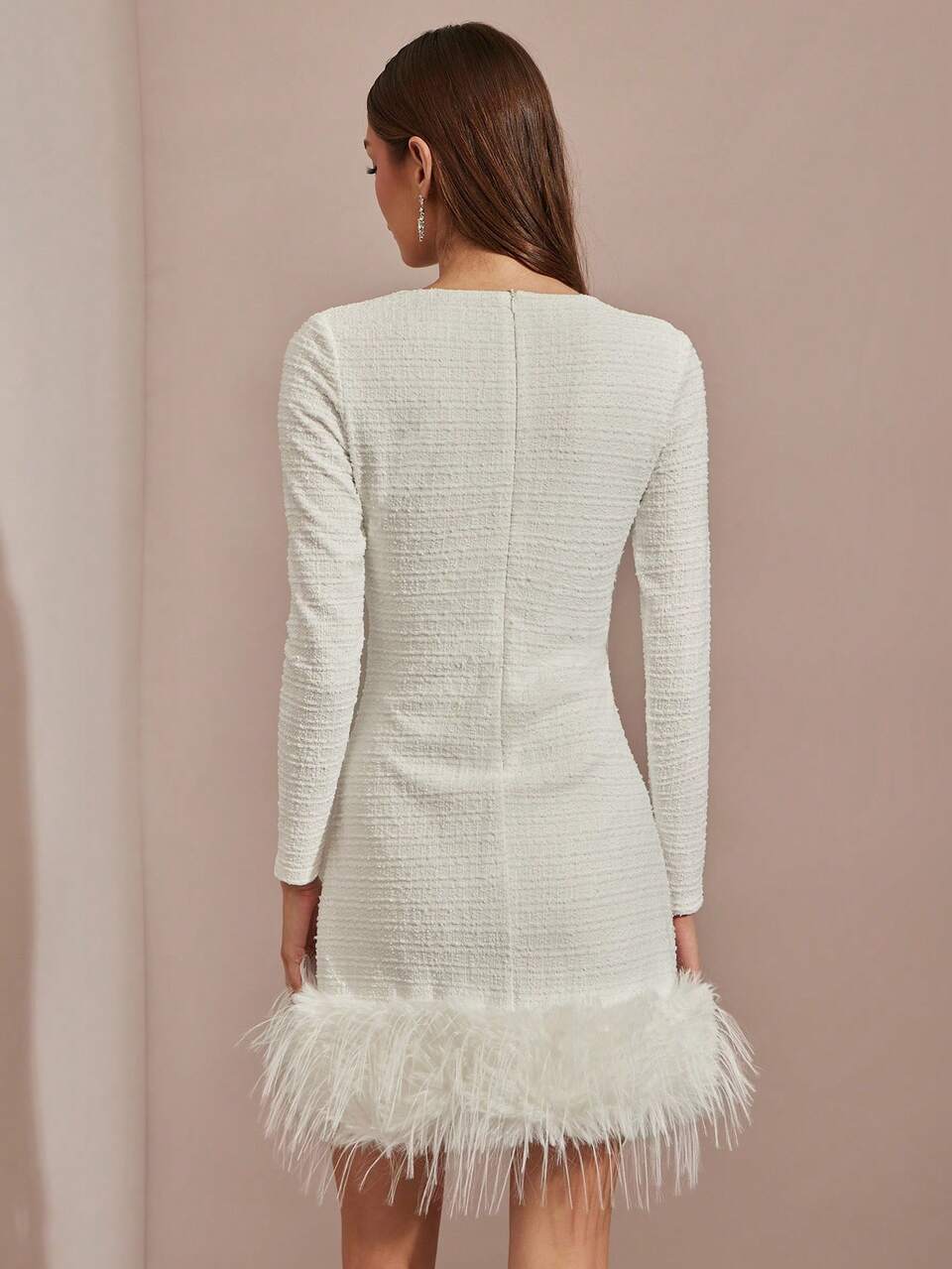 Enchnt Off-White Tweed Patchwork Long-Sleeved Mini Dress,Elegant Women's Autumn Outfits For Birthday Party,Dates,Holidays,Graduations & New Year