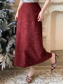 DAZY Women's Elegant Sequin Sweater Skirt, Autumn,New Year,Christmas Winter Women Skirts - Burgundy - View 6