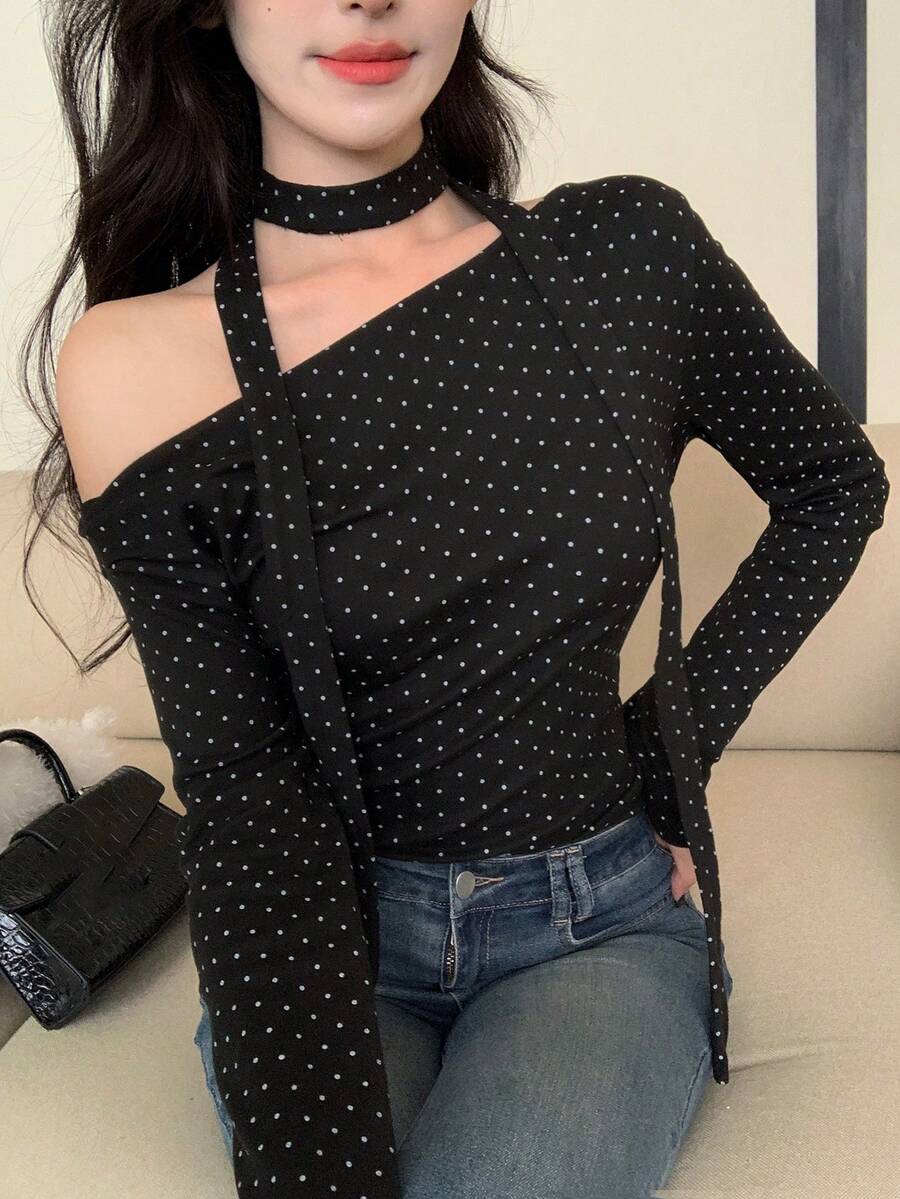 DAZY 韩版波点优雅无袖蝴蝶结长袖女式衬衫 - 黑色 - 查看 1
