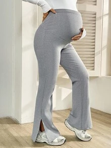 SHEIN 孕妇纯色可调节腰部休闲喇叭紧身裤