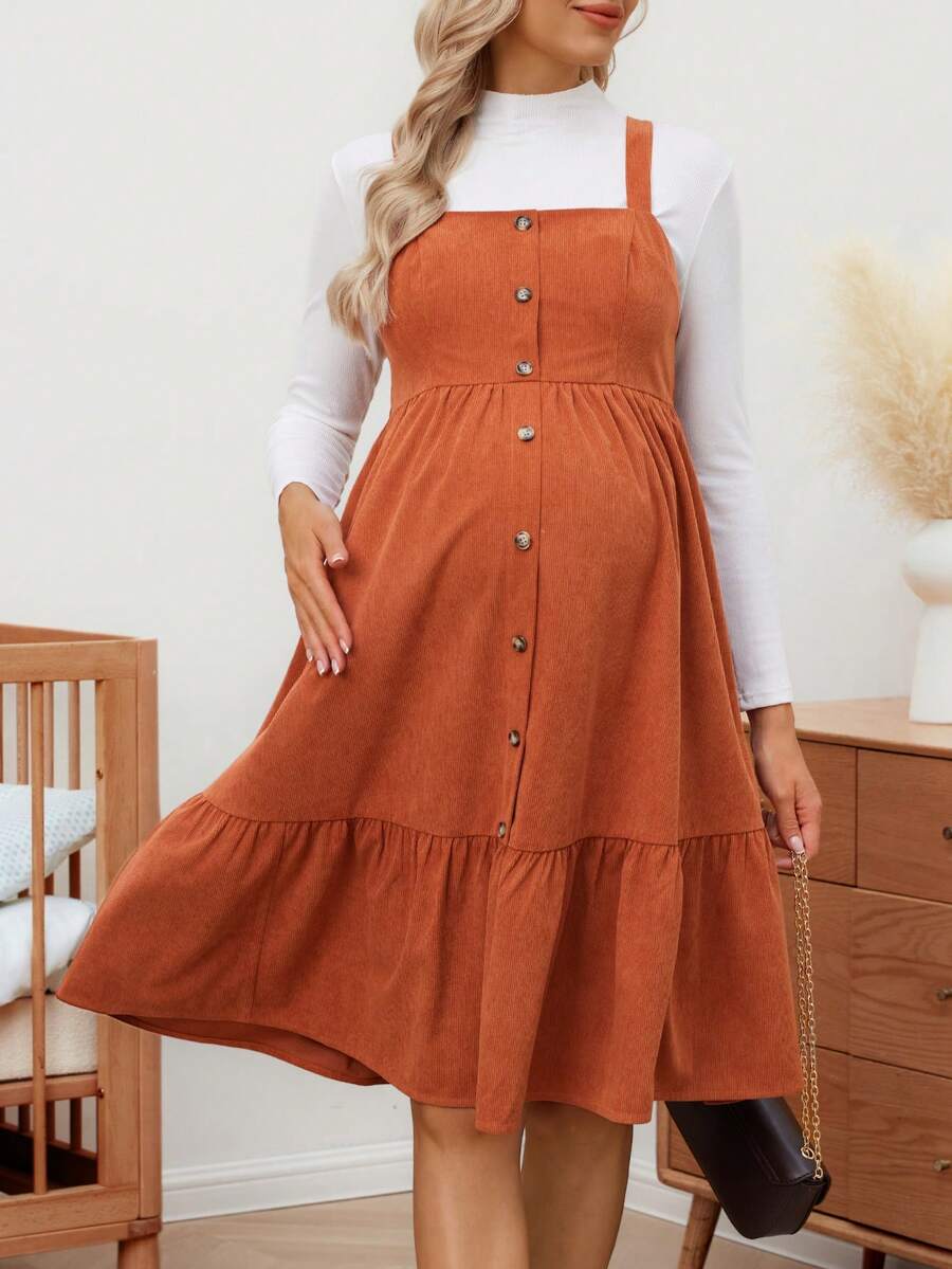 SHEIN Vestido Casual Feminino de Cor Sólida com Babado na Barra, Vestido de Maternidade, Primavera/Outono