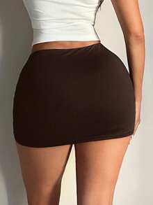 SHEIN SXY 大码女式纯色基本款咖啡棕色性感休闲迷你紧身裙（含紧身裤） - 咖啡棕 - 查看 2