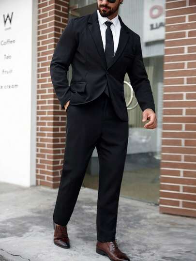 Manfinity Mode Plus Size Men's Solid Color Jacket And Pants Suit