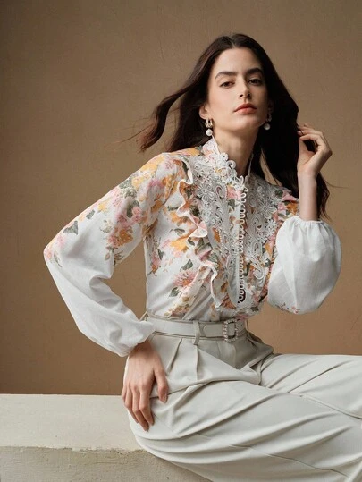 Anewsta 女式花卉印花立领前片长袖衬衫