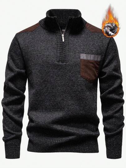 Manfinity Mode Men's Thermal Lined Color Block Patchwork Half Zip Sweater With Thermal Lining, For Fall Winter, Long Sleeve Top