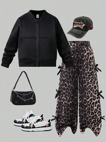 2pcs/Set Young Girls Fashion Black Zipper Jacket Paired With Side Bow Leopard Print Wide Leg Pants, Autumn/Winter - Black - View 5