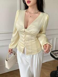 SHEIN LUNE Women's Waist-Cinched V-Neck Elegant Refined Satin Blouse, Long Sleeve - Apricot - View 4