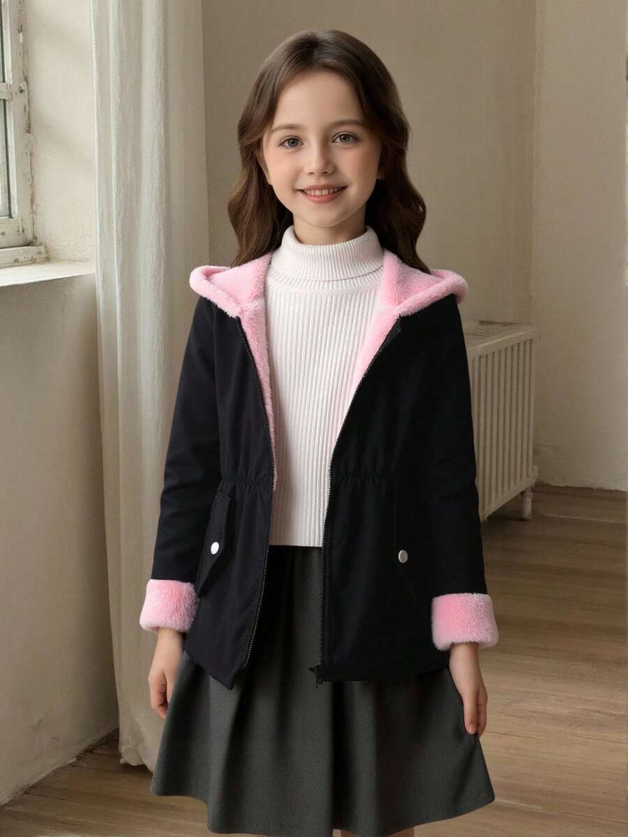 Elladie kids 女童黑色连帽拉链抓绒外套，百搭时尚女童外套，女童羊羔绒外套，黑色婴儿外套，女童冬季外套，抓绒外套，秋季款 - 粉色 - 查看 1