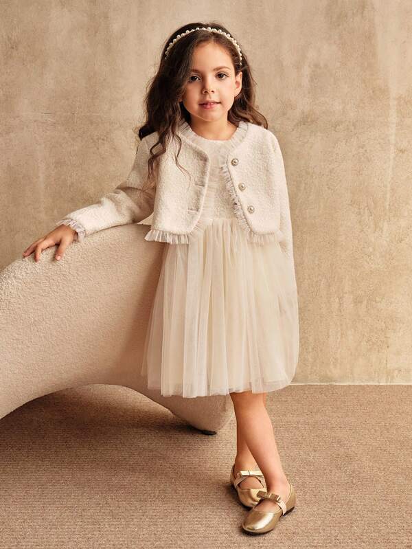 SHEIN Girl's Princess Dress, Beige, Small Fragrant Style Jacket Set, Skirt Mesh Dress, Vacation, Partywear ,Valentine's Day,Birthday Dress, New Year's Day, Birthday Party, Wedding Festival Dress Dress, Gorgeous Dress Dress, Middle East, Europe And America