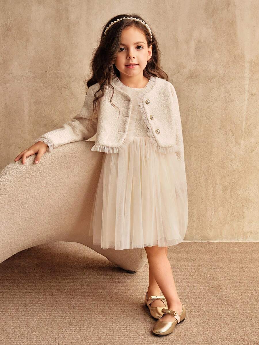 SHEIN Girl's Princess Dress, Beige, Small Fragrant Style Jacket Set, Skirt Mesh Dress, Vacation, Partywear ,Valentine's Day,Birthday Dress, New Year's Day, Birthday Party, Wedding Festival Dress Dress, Gorgeous Dress Dress, Middle East, Europe And America