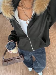 Attitoon 女士休闲宽松前开连帽长袖毛领运动衫，适合秋冬季，保暖内衬，复古 - 黑色 - 查看 5