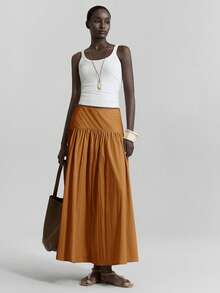 Ontre 女士高腰褶皱半身裙，面料柔软舒适，适合都市通勤、商务休闲、优雅办公穿着、教师等场合。 - 棕色 - 查看 7