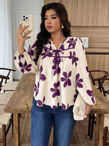 Weeklong Plus Size Women Floral Print Tie Front Lantern Sleeve Fashion Blouse - Multicolor - View 4