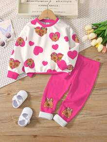 SHEIN Bộ 2 món/Bộ áo nỉ dài tay cổ tròn thoải mái và quần legging cho bé gái tuổi teen, phù hợp cho mùa thu/đông - Nhiều màu - Xem 2