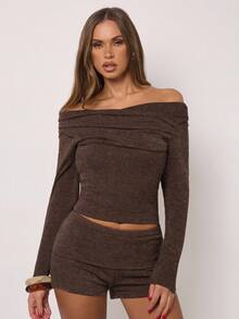 SHEIN BAE 秋季时尚通勤纯色露肩短款上衣 - 咖啡棕 - 查看 4