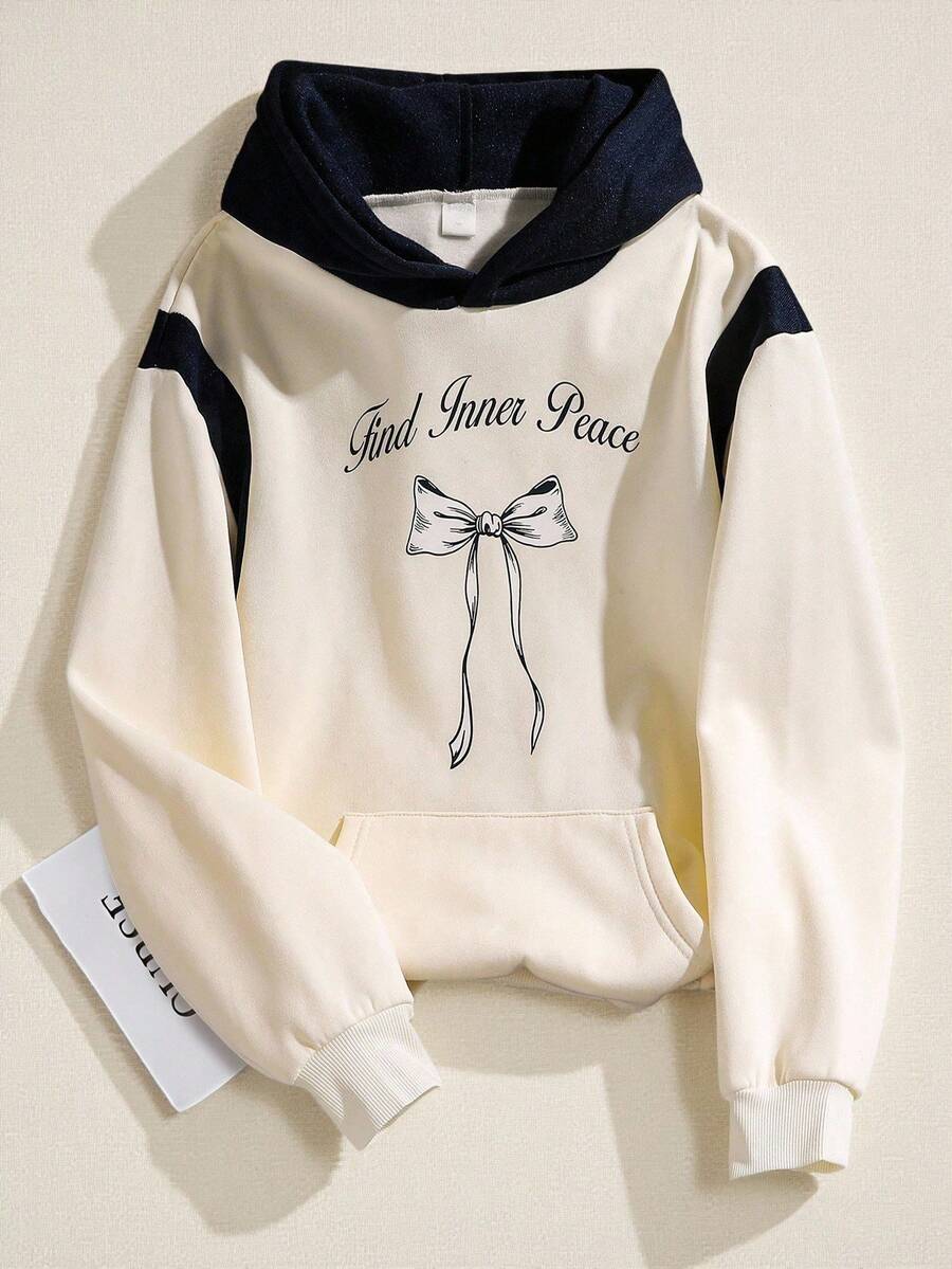 SHEIN 1pc Girls' Casual Everyday Versatile Sweet Design Butterfly Print Contrast Color Fleece Sweatshirt, Autumn/Winter