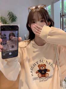 DAZY Áo nỉ cổ tròn lót nhiệt in hình gấu hoạt hình dành cho nữ, Thu/Đông - Vàng nhạt - Xem 1